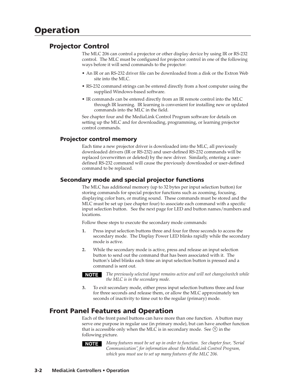 Projector control, Projector control memory, Secondary mode and special projector functions | Front panel features and operation, Operation | Extron Electronics MLC 206 AAP EC User Guide User Manual | Page 28 / 72