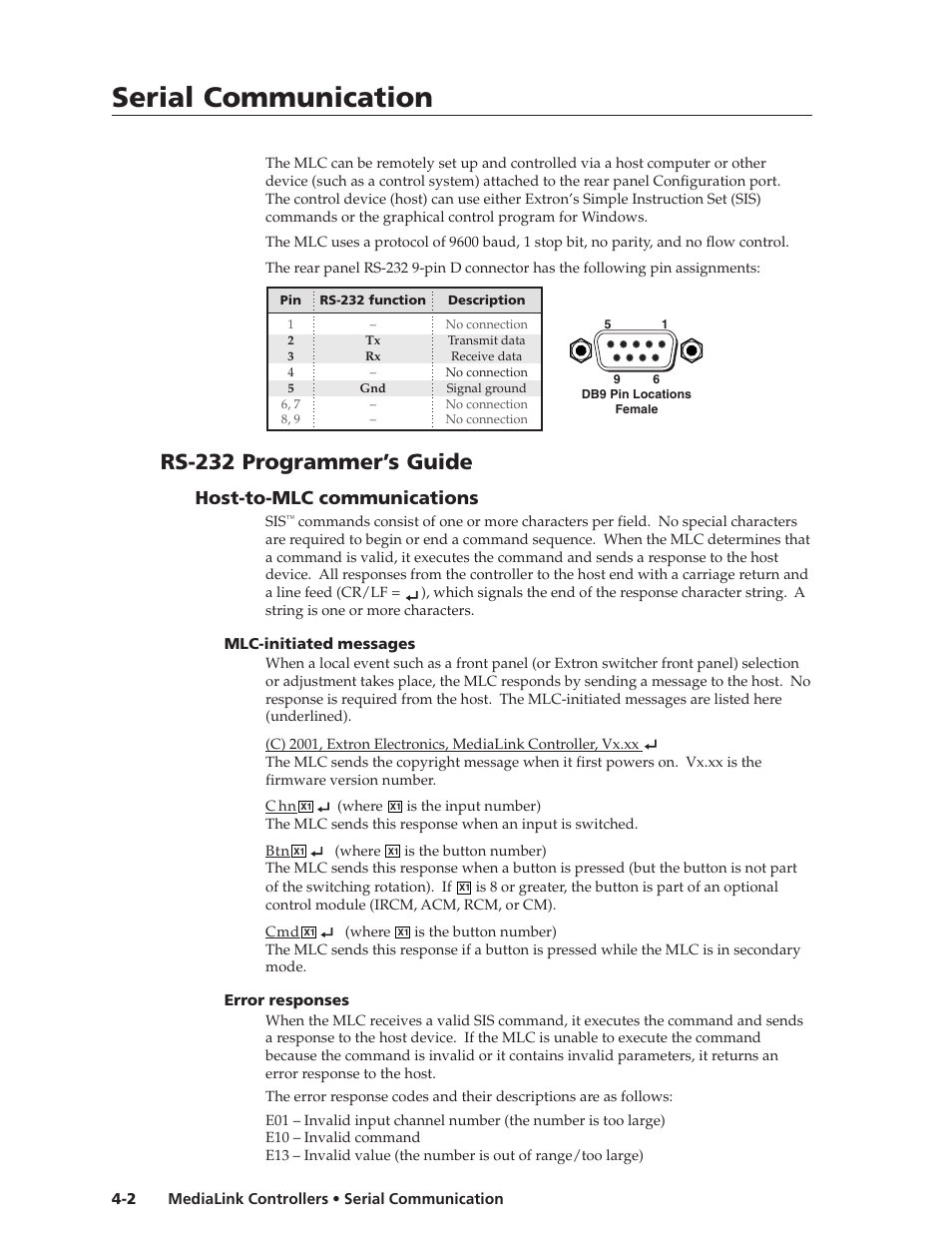 Rs-232 programmer's guide, Host-to-mlc communications, Mlc-initiated messages | Error responses, Rs-232 programmer’s guide, Host-to-mlc communications -2, Mlc-initiated messages -2 error responses -2, Serial communication | Extron Electronics MLC 206 AAP EC User Guide User Manual | Page 34 / 72