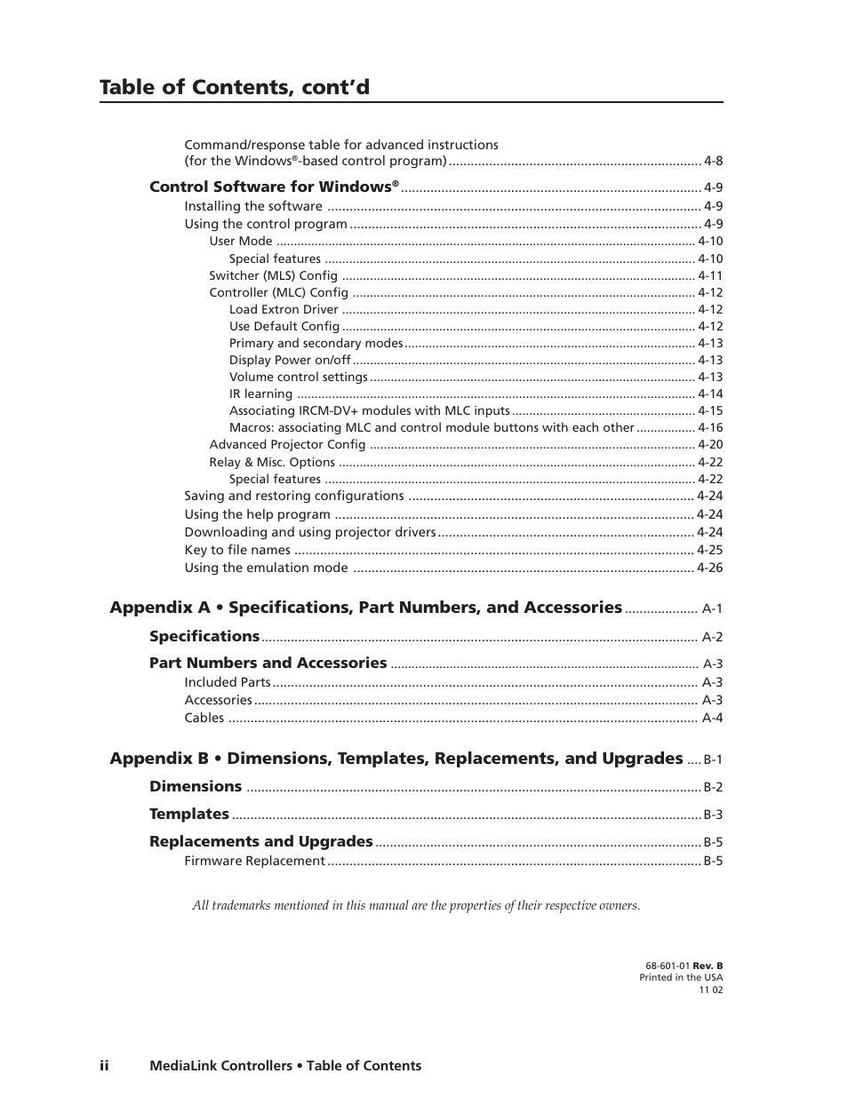 Table of contents, cont’d | Extron Electronics MLC 206 AAP EC User Guide User Manual | Page 4 / 72