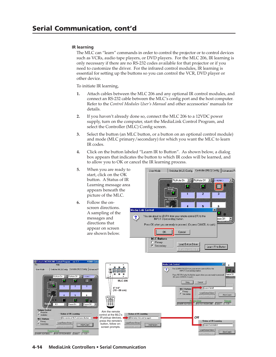 Ir learning, Ir learning -14, Serial communication, cont’d | Extron Electronics MLC 206 AAP EC User Guide User Manual | Page 46 / 72