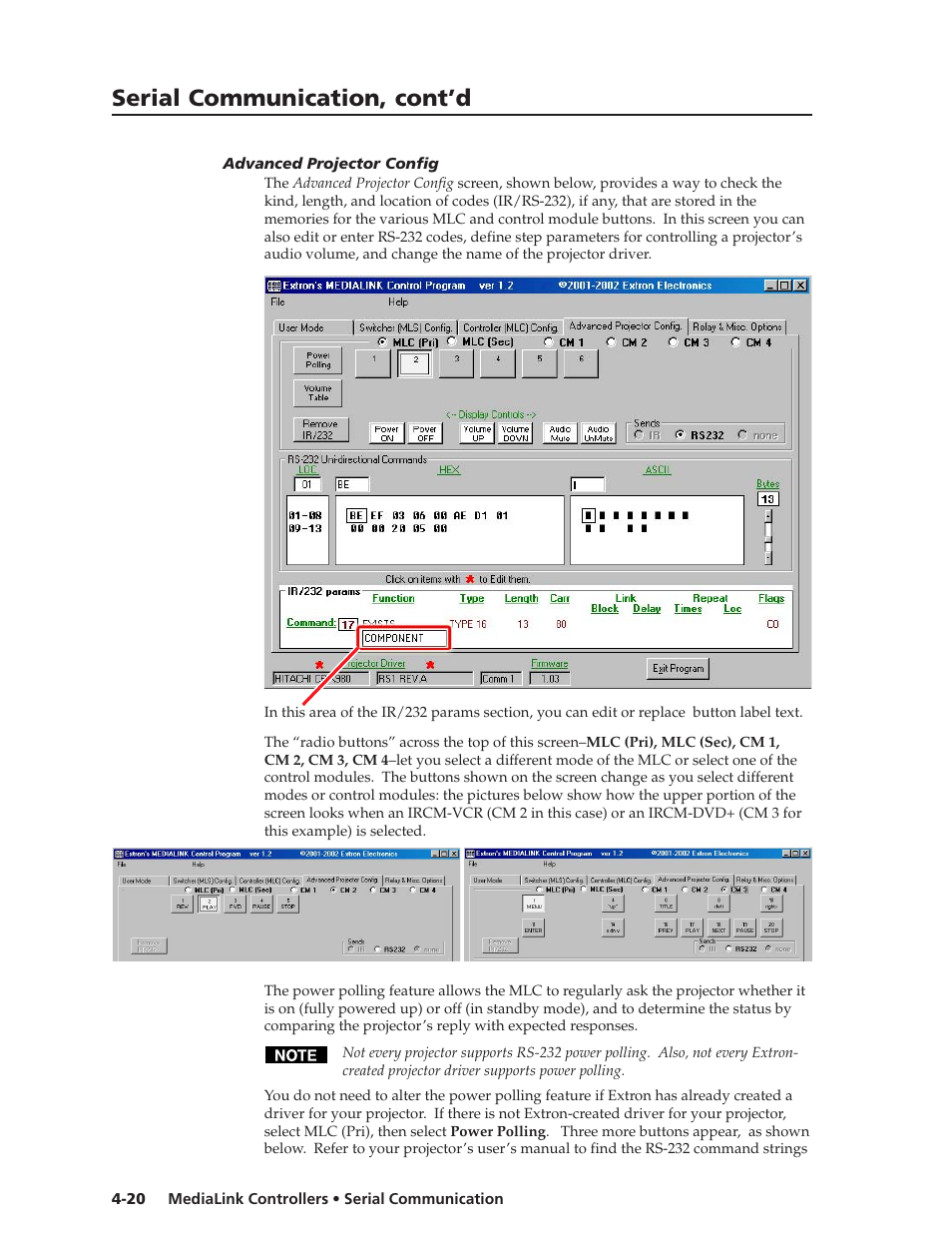 Advanced projector config, Advanced projector config -20, Serial communication, cont’d | Extron Electronics MLC 206 AAP EC User Guide User Manual | Page 52 / 72