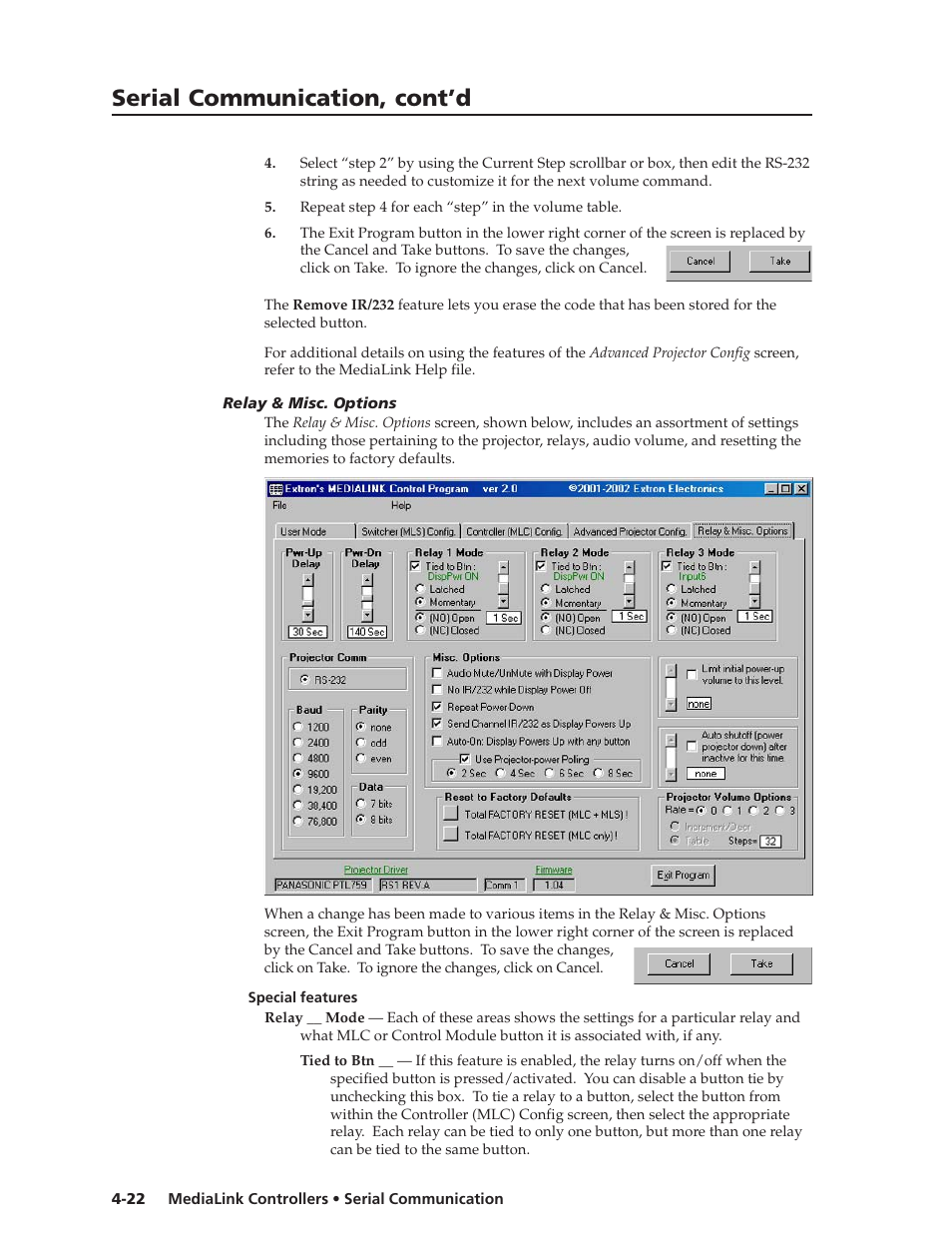 Relay & misc. options, Relay & misc. options -22, Special features -22 | Serial communication, cont’d | Extron Electronics MLC 206 AAP EC User Guide User Manual | Page 54 / 72