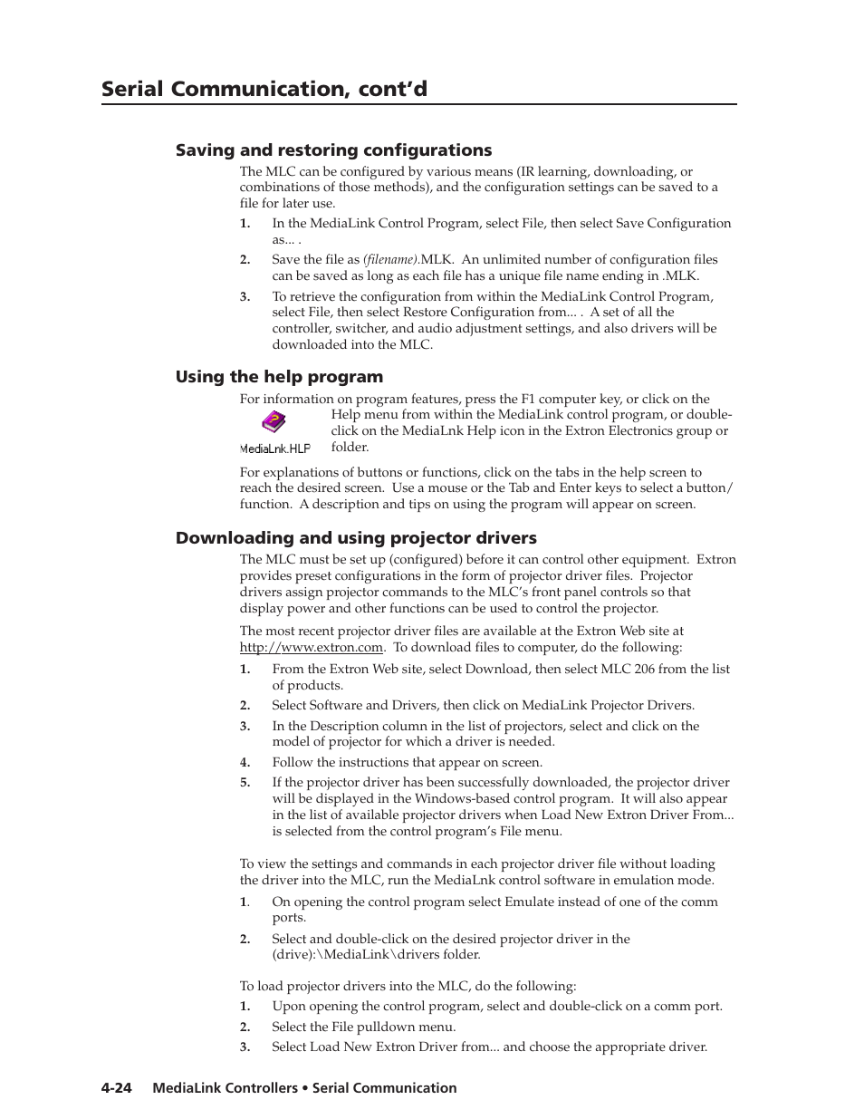 Saving and restoring configurations, Using the help program, Downloading and using projector drivers | Serial communication, cont’d | Extron Electronics MLC 206 AAP EC User Guide User Manual | Page 56 / 72