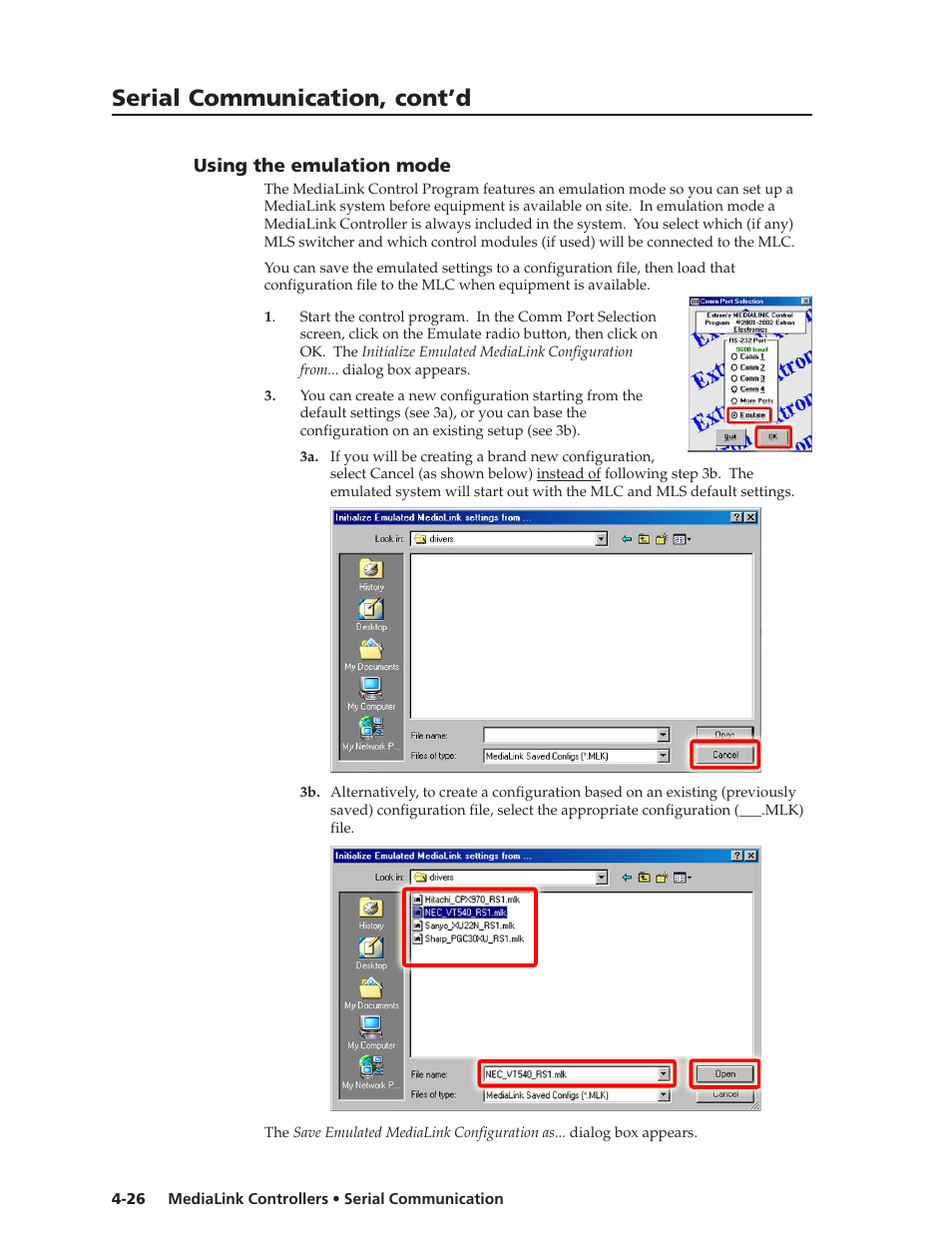 Using the emulation mode, Using the emulation mode -26, Serial communication, cont’d | Extron Electronics MLC 206 AAP EC User Guide User Manual | Page 58 / 72