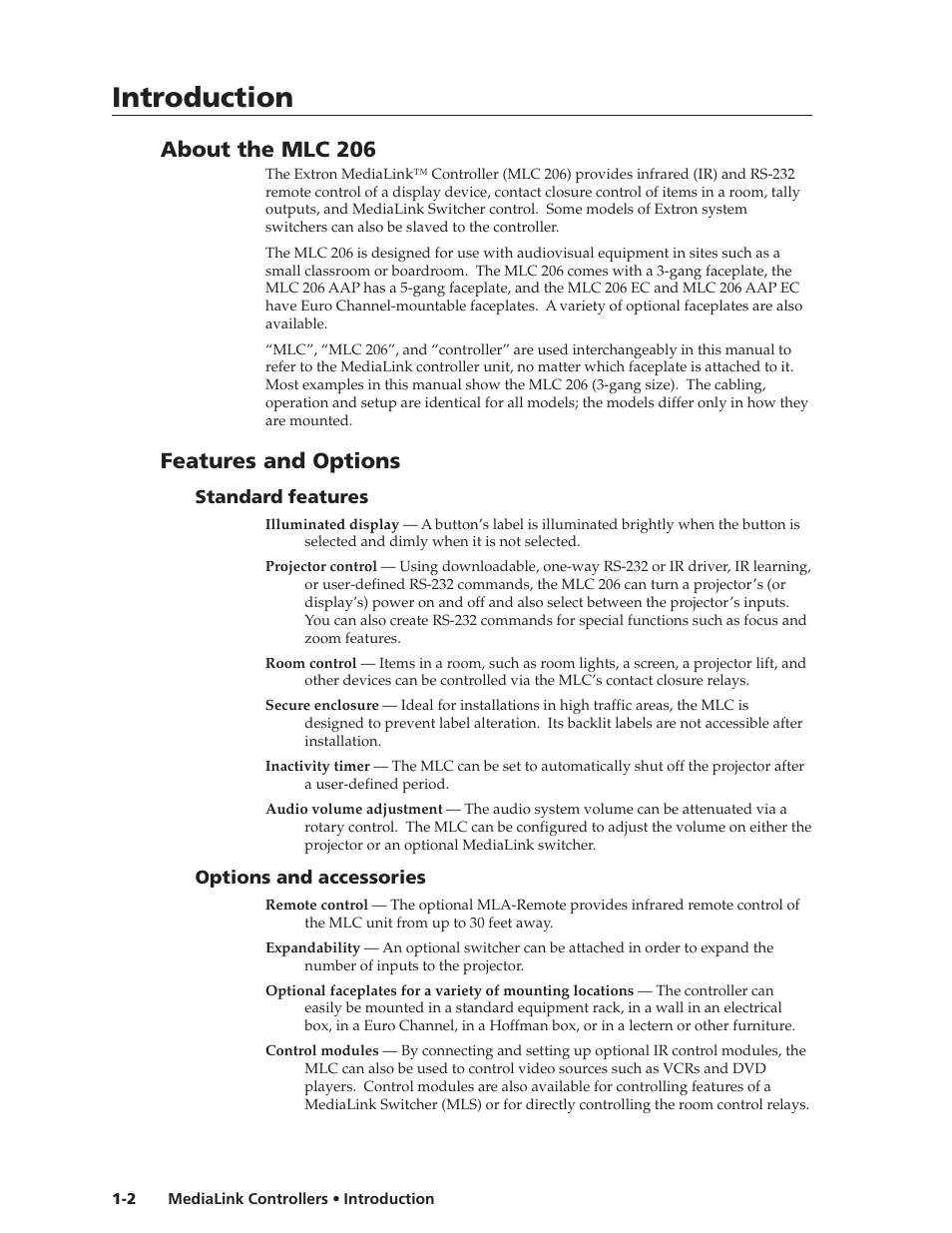 About the mlc 206, Features and options, Standard features | Options and accessories, Standard features -2 options and accessories -2, Introduction | Extron Electronics MLC 206 AAP EC User Guide User Manual | Page 6 / 72