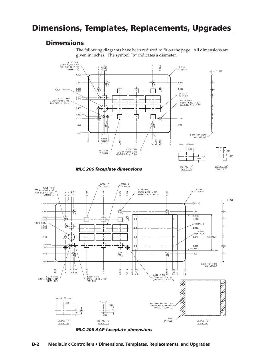 Dimensions, Dimensions, templates, replacements, upgrades | Extron Electronics MLC 206 AAP EC User Guide User Manual | Page 66 / 72