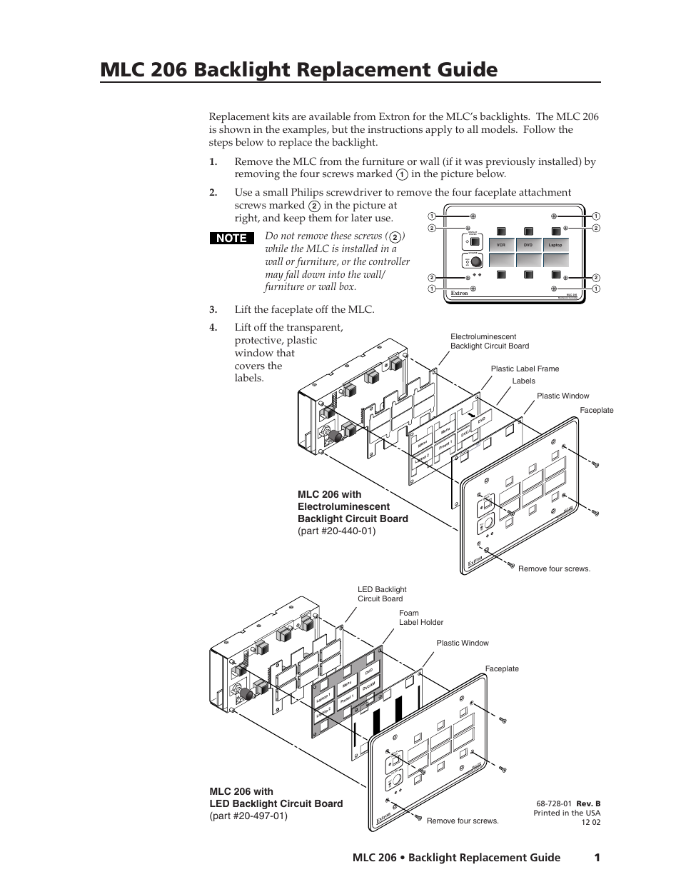 Extron Electronics MLC 206 Backlight Replacement Guide User Manual | 4 pages