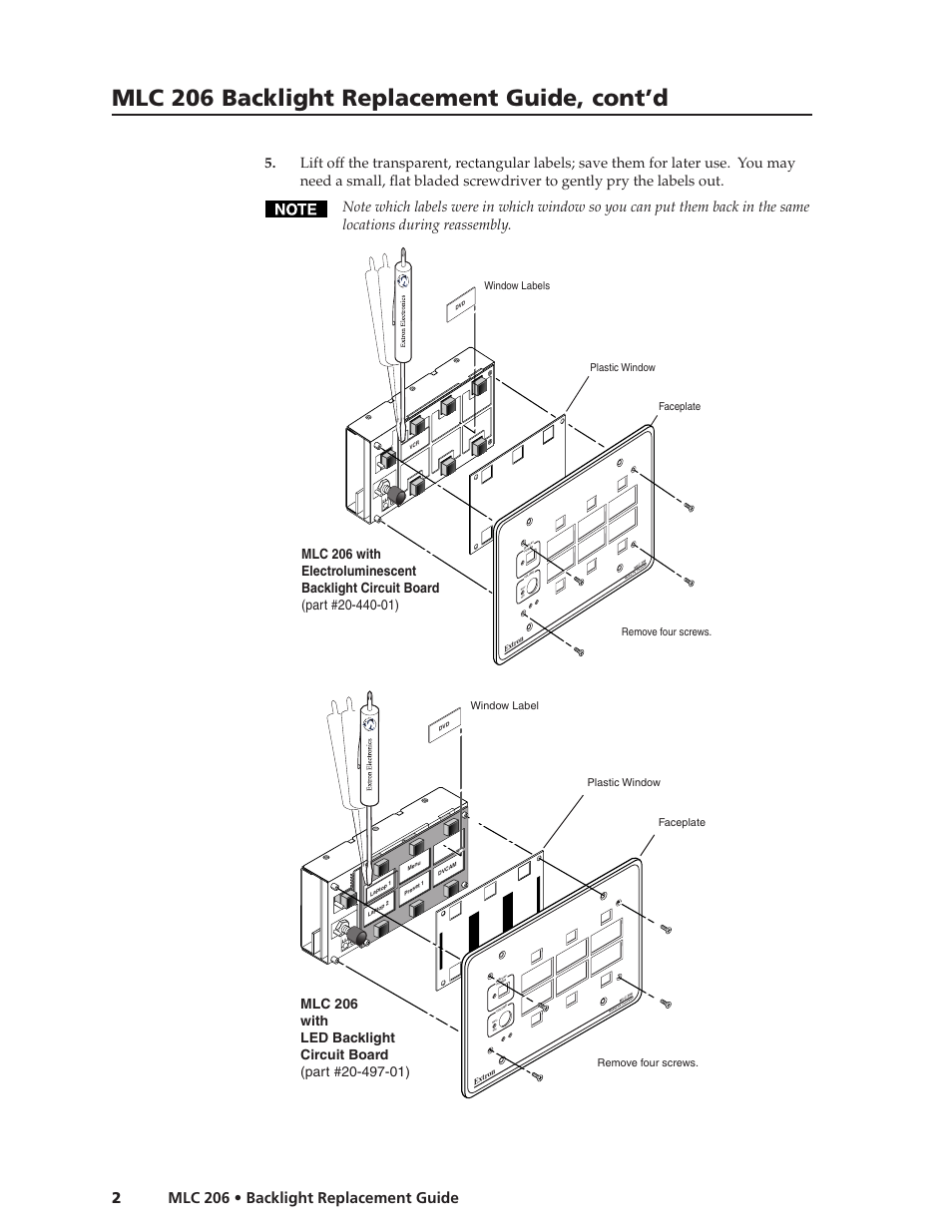 Mlc 206 backlight replacement guide, cont’d, Mlc 206 • backlight replacement guide 2 | Extron Electronics MLC 206 Backlight Replacement Guide User Manual | Page 2 / 4