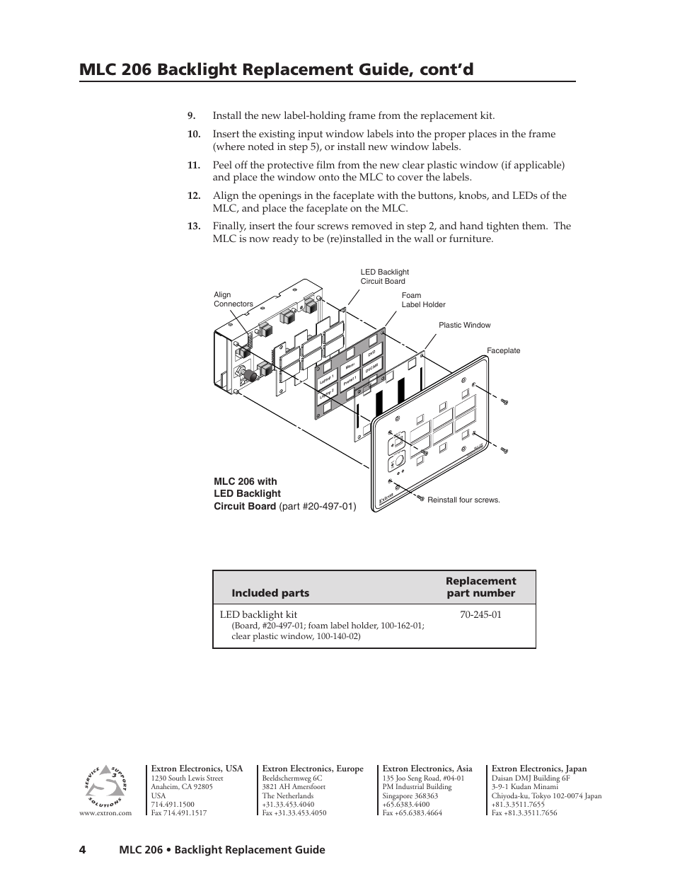 Mlc 206 backlight replacement guide, cont’d, Mlc 206 • backlight replacement guide 4, Extron electronics, usa | Extron electronics, europe, Extron electronics, asia, Extron electronics, japan | Extron Electronics MLC 206 Backlight Replacement Guide User Manual | Page 4 / 4