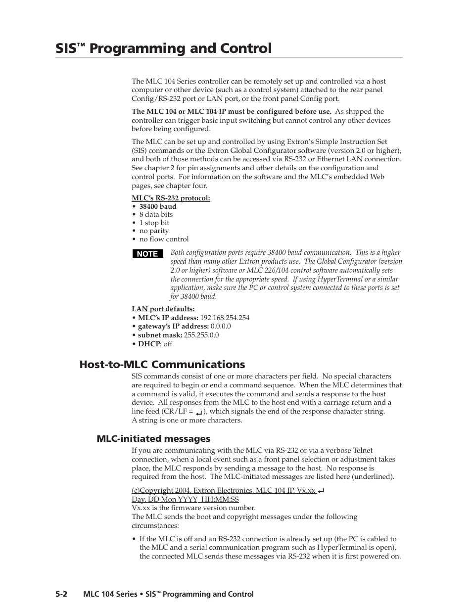 Host-to-mlc communications, Mlc-initiated messages, Preliminar y | Programming and control | Extron Electronics MLC 104 SIS Programming and Control User Manual | Page 2 / 36