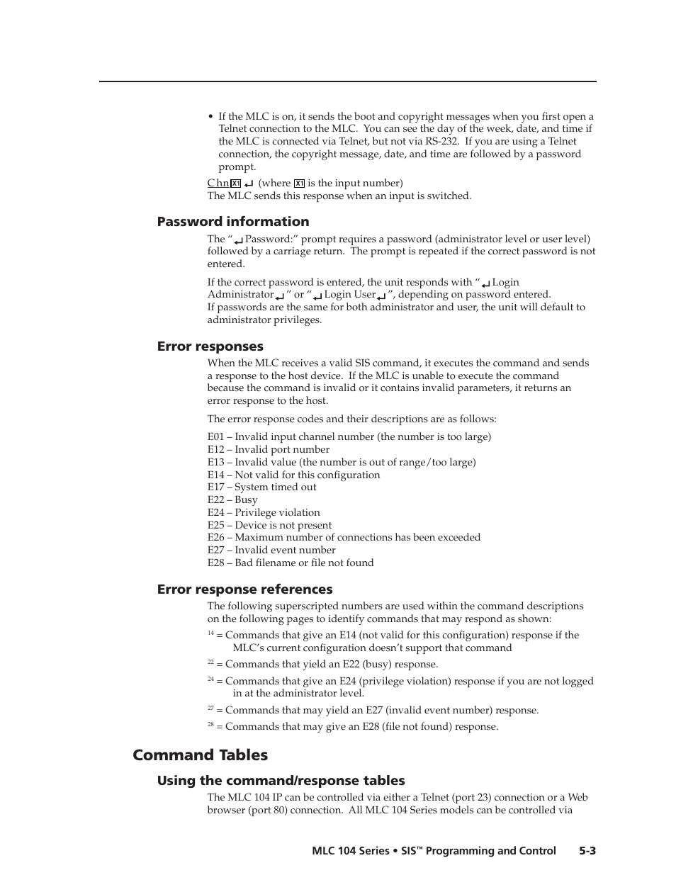 Password information, Error responses, Error response references | Command tables, Using the command/response tables, Preliminar y | Extron Electronics MLC 104 SIS Programming and Control User Manual | Page 3 / 36