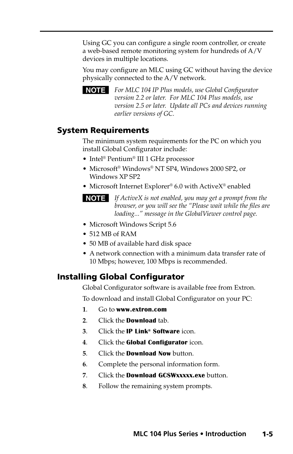 System requirements, Installing global configurator | Extron Electronics MLC 104 Plus Series Setup Guide User Manual | Page 11 / 60