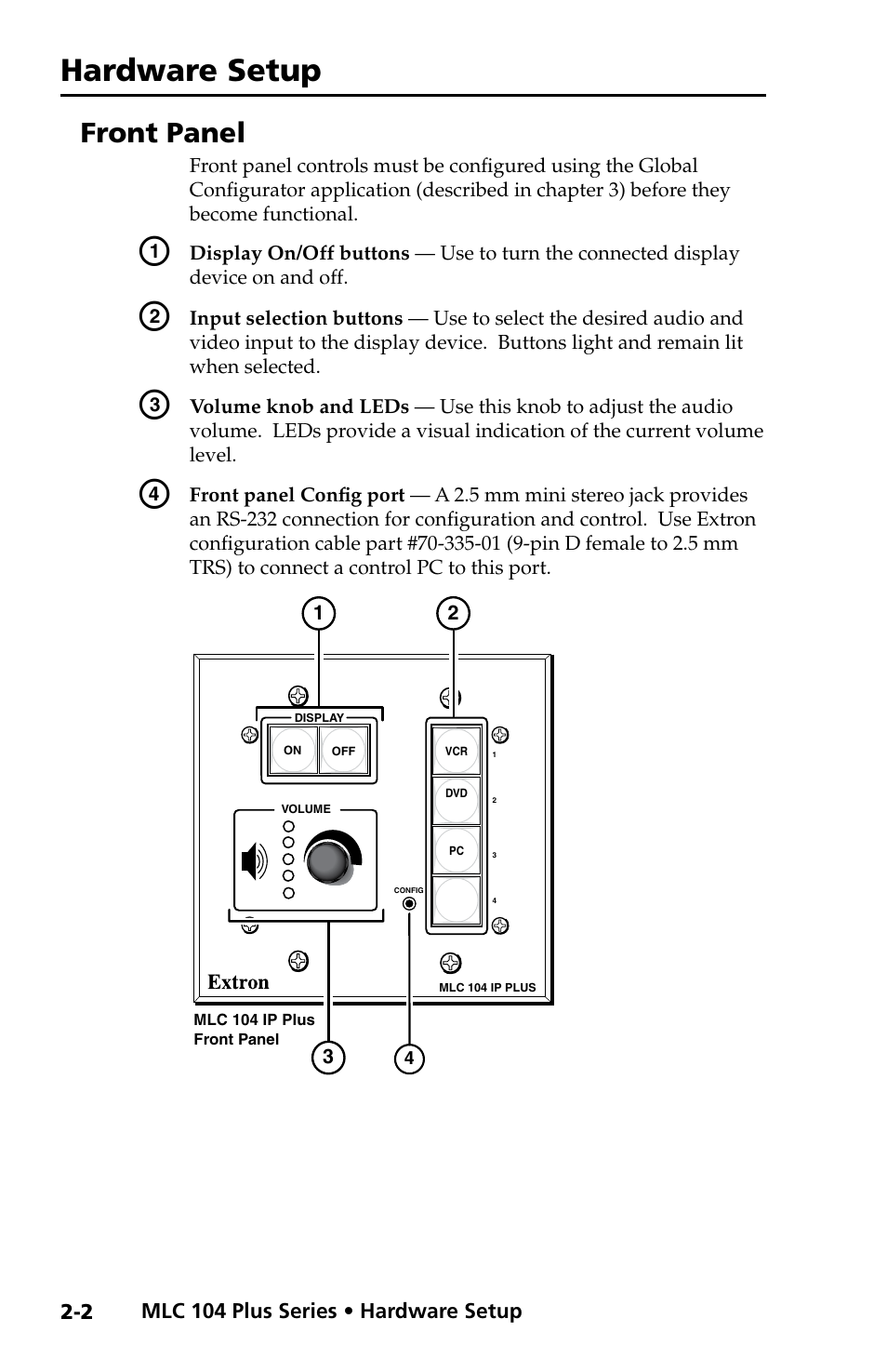 Front panel, Hardware setup | Extron Electronics MLC 104 Plus Series Setup Guide User Manual | Page 14 / 60