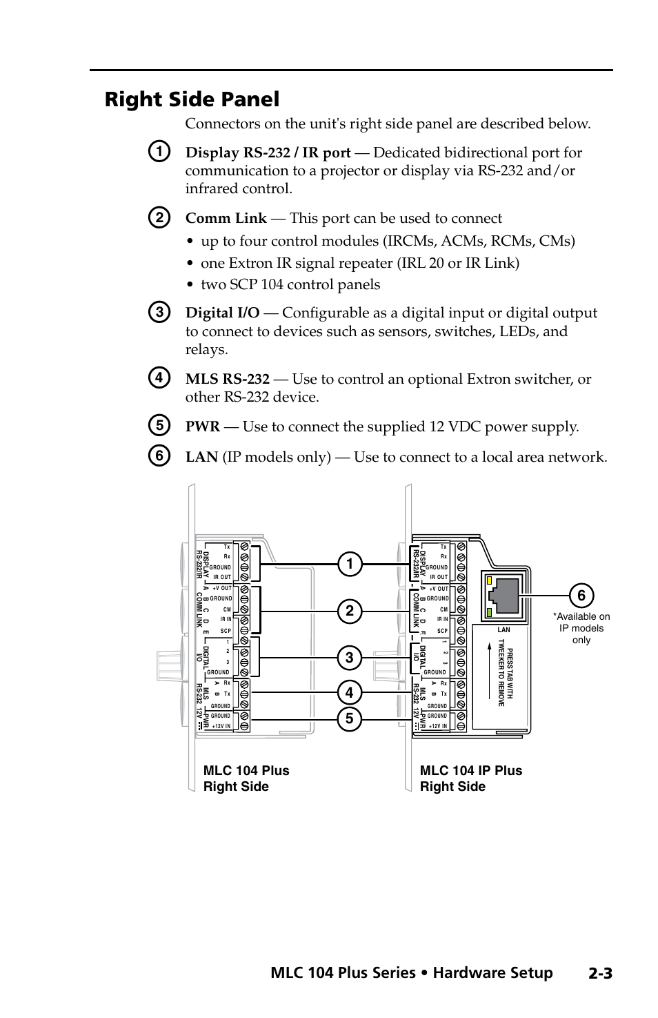 Right side panel, Mlc 104 plus series • hardware setup | Extron Electronics MLC 104 Plus Series Setup Guide User Manual | Page 15 / 60