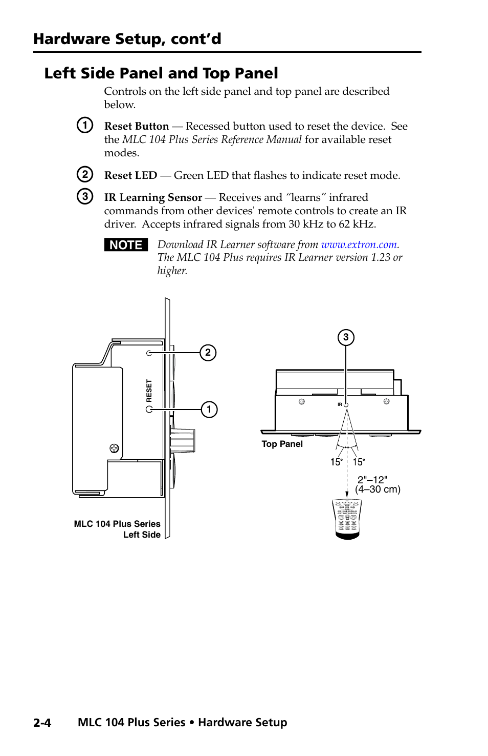 Left side panel and top panel, Hardware setup, cont’d | Extron Electronics MLC 104 Plus Series Setup Guide User Manual | Page 16 / 60