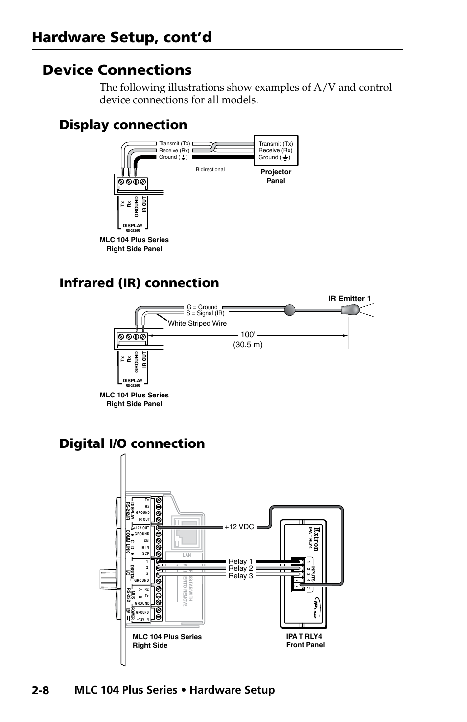 Device connections, Display connection, Infrared (ir) connection | Digital i/o connection, Hardware setup, cont’d, Mlc 104 plus series • hardware setup, Ir emitter 1 | Extron Electronics MLC 104 Plus Series Setup Guide User Manual | Page 20 / 60