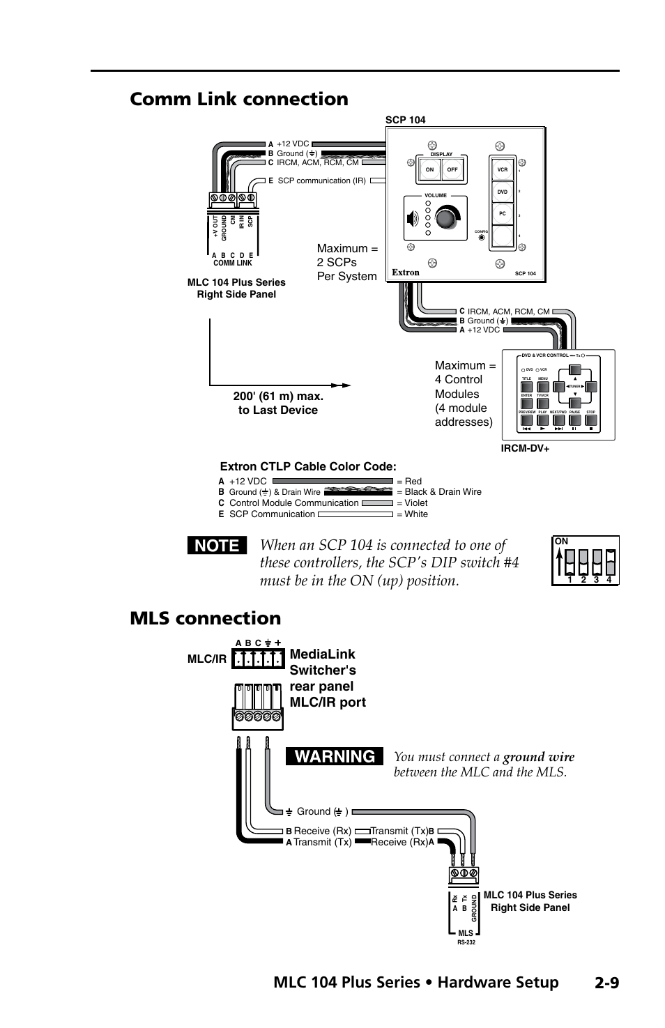 Comm link connection, Mls connection, Comm link connection -9 mls connection -9 | Mlc 104 plus series • hardware setup, Mlc/ir | Extron Electronics MLC 104 Plus Series Setup Guide User Manual | Page 21 / 60