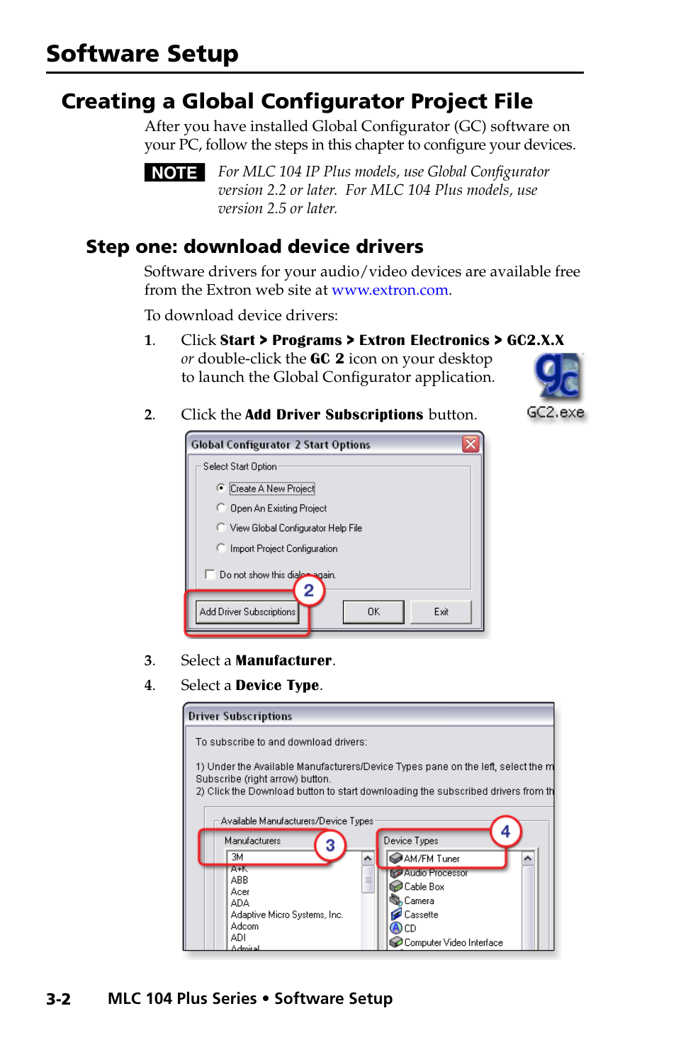 Creating a global configurator project file, Step one: download device drivers, Step one: download device drivers -2 | Software setup | Extron Electronics MLC 104 Plus Series Setup Guide User Manual | Page 24 / 60