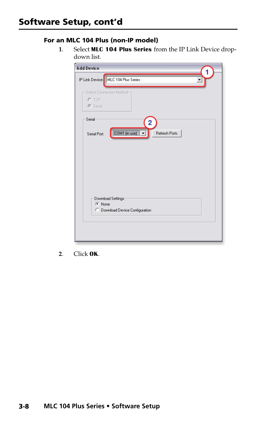 For an mlc 104 plus (non-ip model), For an mlc 104 plus (non-ip model) -8, Software setup, cont’d | Extron Electronics MLC 104 Plus Series Setup Guide User Manual | Page 30 / 60