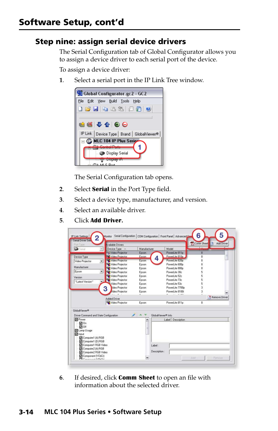 Step nine: assign serial device drivers, Step nine: assign serial device drivers -14, Software setup, cont’d | Extron Electronics MLC 104 Plus Series Setup Guide User Manual | Page 36 / 60