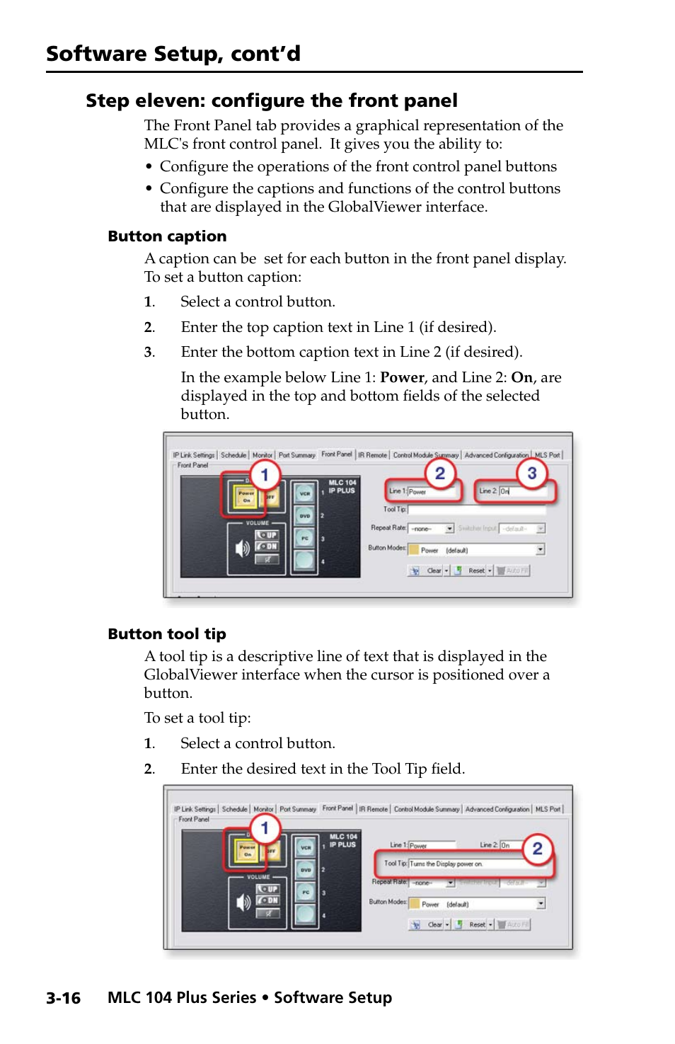 Step eleven: configure the front panel, Button caption, Button tool tip | Step eleven: configure the front panel -16, Button caption -16 button tool tip -16, Software setup, cont’d | Extron Electronics MLC 104 Plus Series Setup Guide User Manual | Page 38 / 60