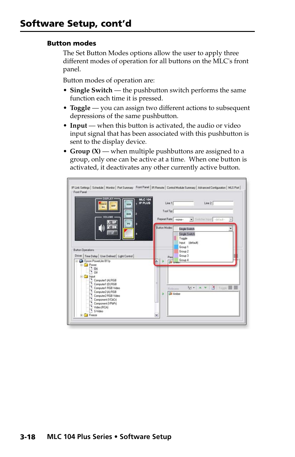 Button modes, Button modes -18, Software setup, cont’d | Extron Electronics MLC 104 Plus Series Setup Guide User Manual | Page 40 / 60