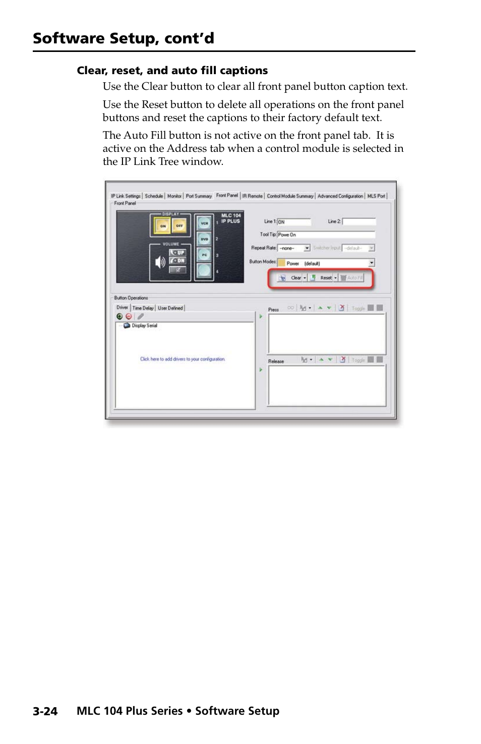 Clear, reset, and auto fill captions, Clear, reset, and auto fill captions -24, Software setup, cont’d | Extron Electronics MLC 104 Plus Series Setup Guide User Manual | Page 46 / 60