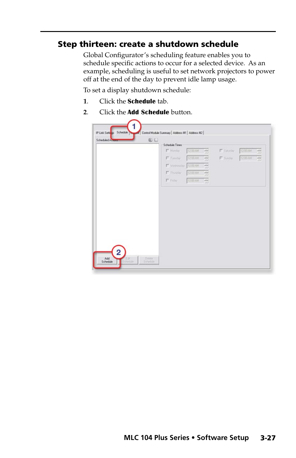 Step thirteen: create a shutdown schedule, Step thirteen: create a shutdown schedule -27 | Extron Electronics MLC 104 Plus Series Setup Guide User Manual | Page 49 / 60