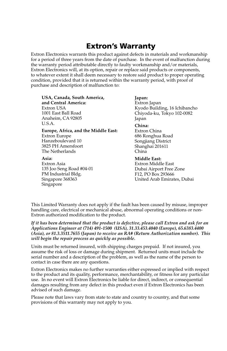 Warranty, Extron’s warranty | Extron Electronics MLC 104 Plus Series Setup Guide User Manual | Page 59 / 60