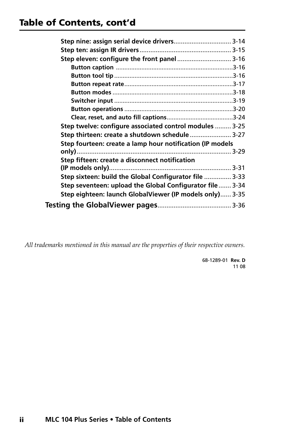 Table of contents, cont’d, Testing the globalviewer pages | Extron Electronics MLC 104 Plus Series Setup Guide User Manual | Page 6 / 60