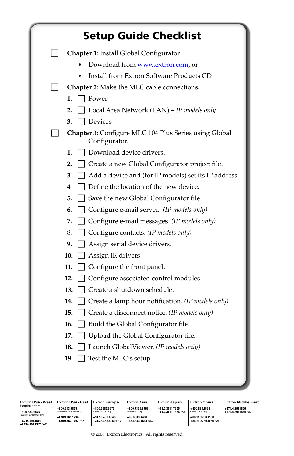 Back cover:checklist and contact information, Back cover: checklist and contact information, Setup guide checklist | Extron Electronics MLC 104 Plus Series Setup Guide User Manual | Page 60 / 60