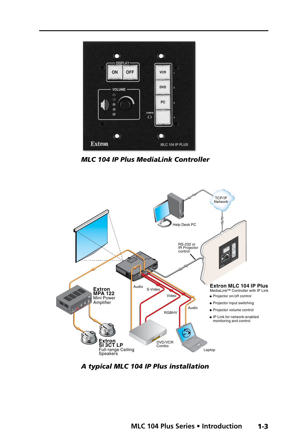 Mlc 104 plus series • introduction, 3 mlc 104 ip plus medialink controller, A typical mlc 104 ip plus installation | Extron mpa 122, Extron mlc 104 ip plus, Extron si 3ct lp, On off, Ste reo dual mo no, Mini power amplifier, Full-range ceiling speakers | Extron Electronics MLC 104 Plus Series Setup Guide User Manual | Page 9 / 60