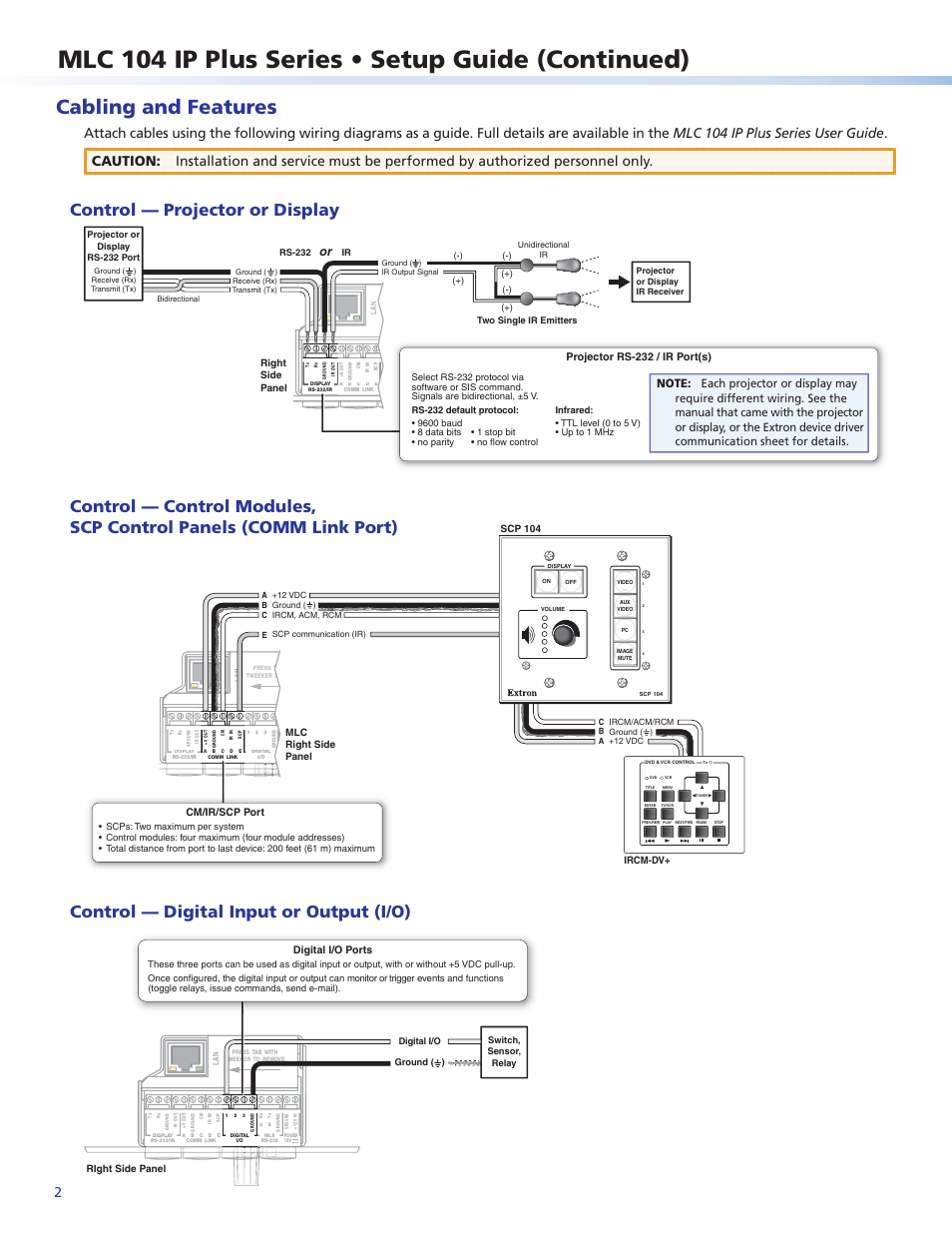 Cabling and features, Control — projector or display, Control — digital input or output (i/o) | Control — control modules, Scp control panels (comm link port), Mlc 104 ip plus series • setup guide (continued), Projector rs-232 / ir port(s) right side panel, Mlc right side panel, Ircm-dv+ scp 104, Cm/ir/scp port | Extron Electronics MLC 104 IP Plus Series Setup Guide User Manual | Page 2 / 6