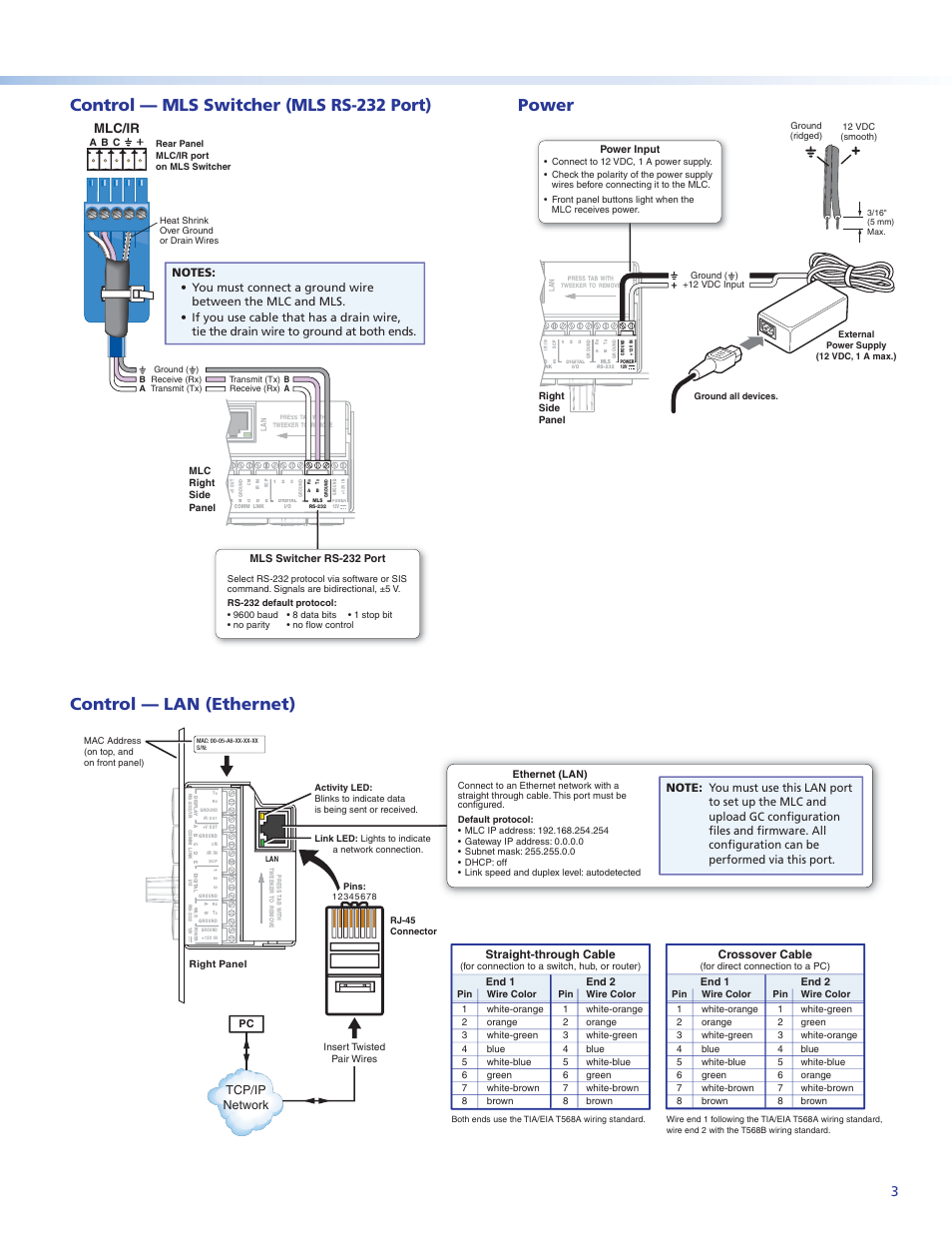 Control — mls switcher (mls rs-232 port), Power, Control — lan (ethernet) | Mlc/ir, Tcp/ip network, Straight-through cable, Crossover cable | Extron Electronics MLC 104 IP Plus Series Setup Guide User Manual | Page 3 / 6