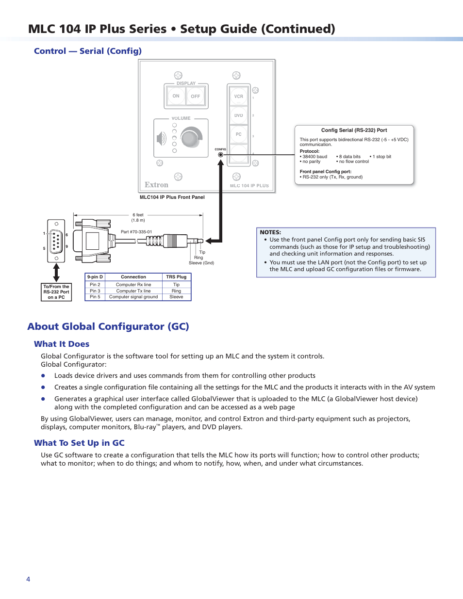 Control — serial (config), About global configurator (gc), What it does | What to set up in gc, Control — serial (config) 4, Mlc 104 ip plus series • setup guide (continued), Players, and dvd players | Extron Electronics MLC 104 IP Plus Series Setup Guide User Manual | Page 4 / 6