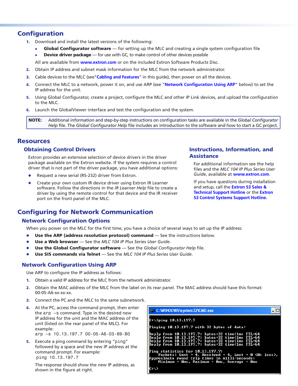 Configuration, Resources, Obtaining control drivers | Instructions, information, and assistance, Configuring for network communication, Network configuration options, Network configuration using arp | Extron Electronics MLC 104 IP Plus Series Setup Guide User Manual | Page 5 / 6