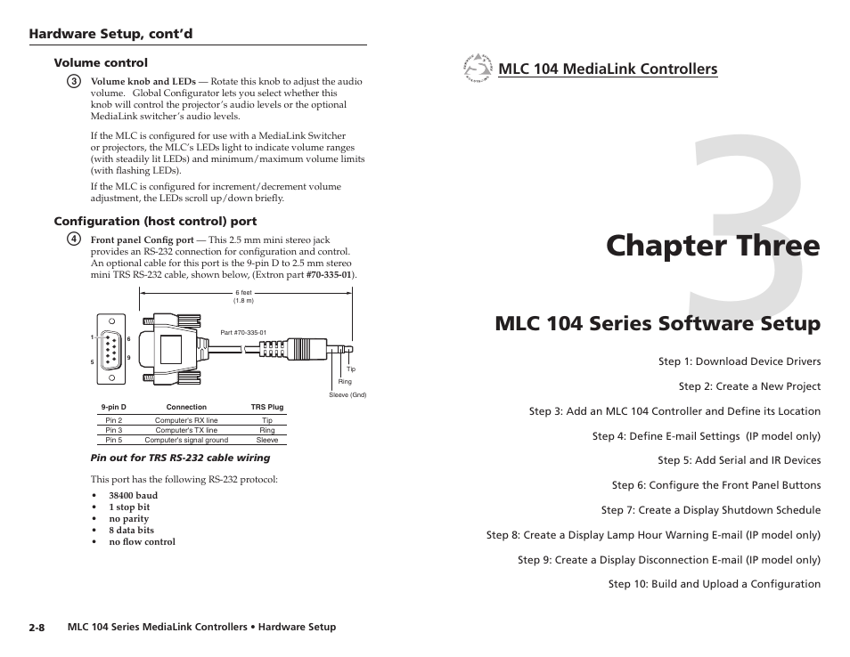 Volume control, Configuration (host control) port, Chapter three | Mlc 104 series software setup, Chapter three • mlc 104 seres software setup, Mlc 104 seres software setup | Extron Electronics MLC 104 IP Series Setup Guide User Manual | Page 12 / 23