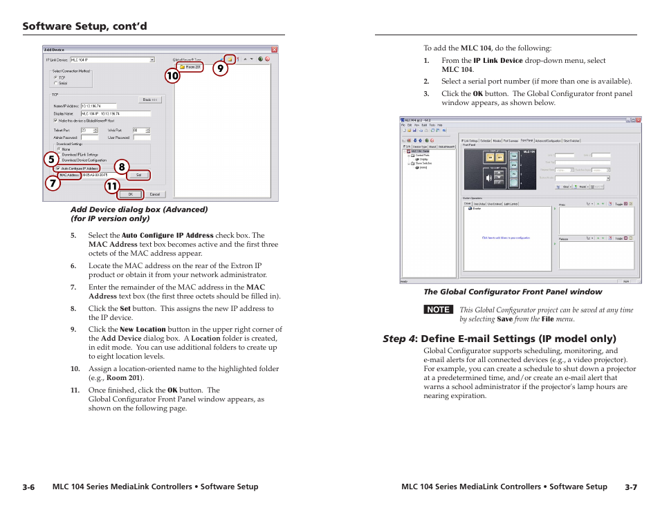 Step 4: define e-mail settings (ip model only), Step 4 : define e-mail settings (ip model only), Software setup, cont’d | Step 4 : define e-mal settngs (ip model only) | Extron Electronics MLC 104 IP Series Setup Guide User Manual | Page 15 / 23