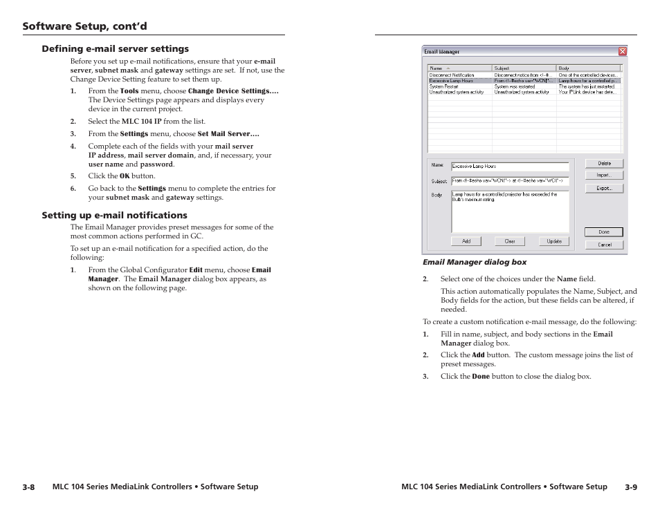 Defining e-mail server settings, Setting up e-mail notifications, Software setup, cont’d | Extron Electronics MLC 104 IP Series Setup Guide User Manual | Page 16 / 23