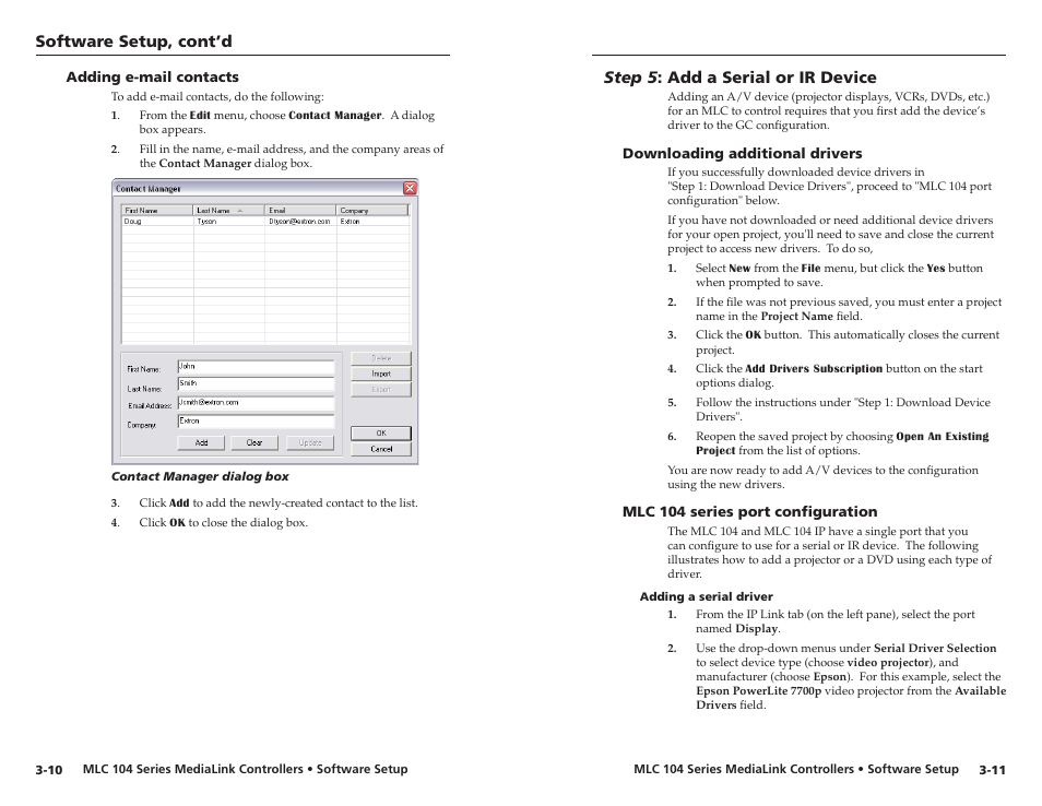 Adding e-mail contacts, Step 5: add a serial or ir device, Downloading additional drivers | Mlc 104 series port configuration, Adding a serial driver, Adding e-mail contacts -10, Step 5 : add a serial or ir device, Adding a serial driver -11, Software setup, cont’d, Step 5 : add a seral or ir devce | Extron Electronics MLC 104 IP Series Setup Guide User Manual | Page 17 / 23