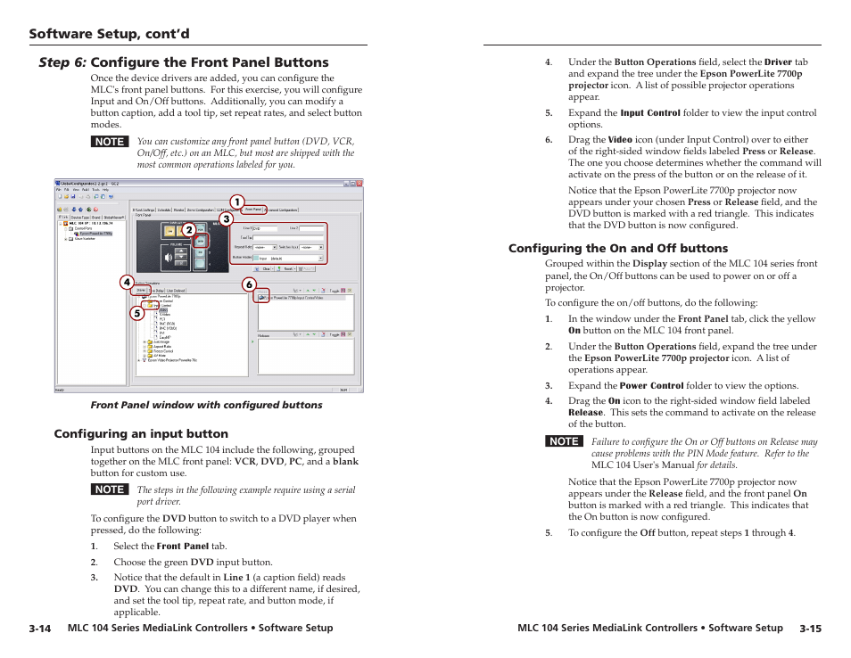 Step 6: configure the front panel buttons, Configuring an input button, Configuring the on and off buttons | Software setup, cont’d | Extron Electronics MLC 104 IP Series Setup Guide User Manual | Page 19 / 23