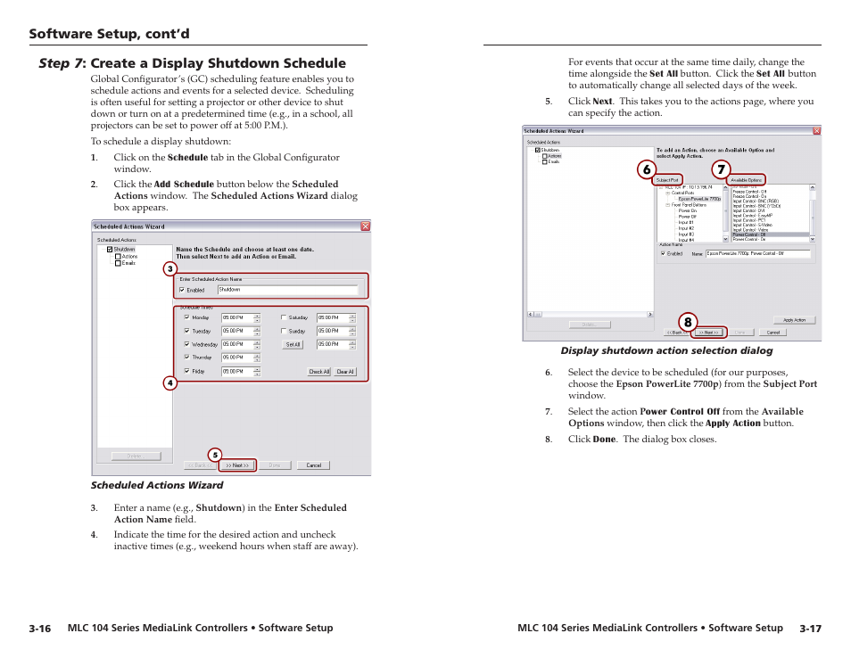 Step 7: create a display shutdown schedule, Step 7 : create a display shutdown schedule, Software setup, cont’d | Step 7 : create a dsplay shutdown schedule | Extron Electronics MLC 104 IP Series Setup Guide User Manual | Page 20 / 23
