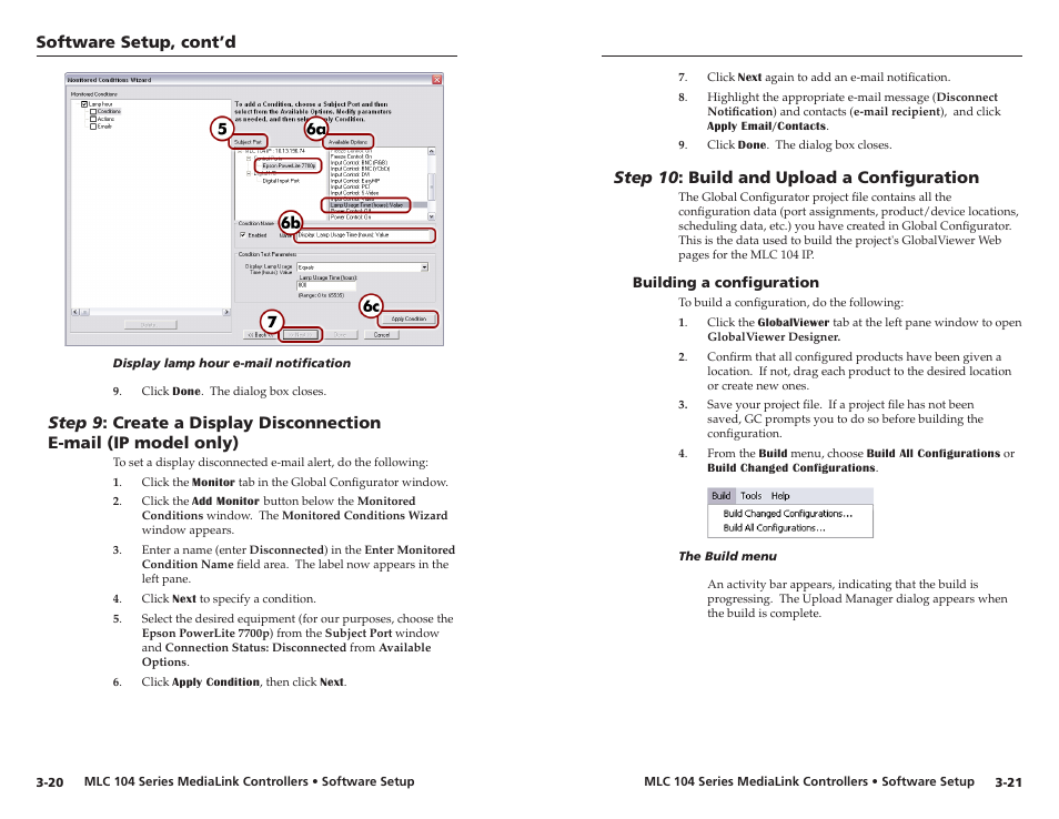 Step 10: build and upload a configuration, Building a configuration, Step 10 : build and upload a configuration | Building a configuration -21, Software setup, cont’d, Step 10 : buld and upload a configuraton | Extron Electronics MLC 104 IP Series Setup Guide User Manual | Page 22 / 23