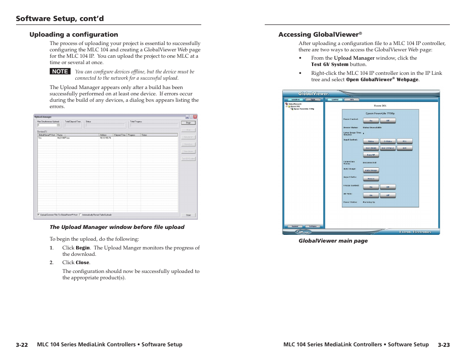 Uploading a configuration, Accessing globalviewer, Software setup, cont’d | Extron Electronics MLC 104 IP Series Setup Guide User Manual | Page 23 / 23