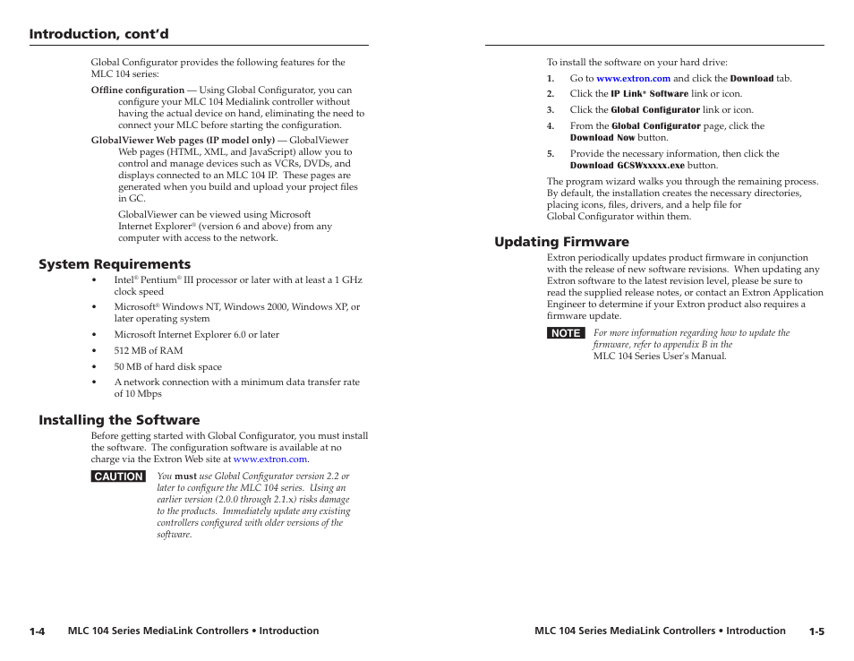 System requirements, Installing the software, Updating firmware | Introducton, cont’d, System requrements, Installng the software, Updatng frmware | Extron Electronics MLC 104 IP Series Setup Guide User Manual | Page 7 / 23