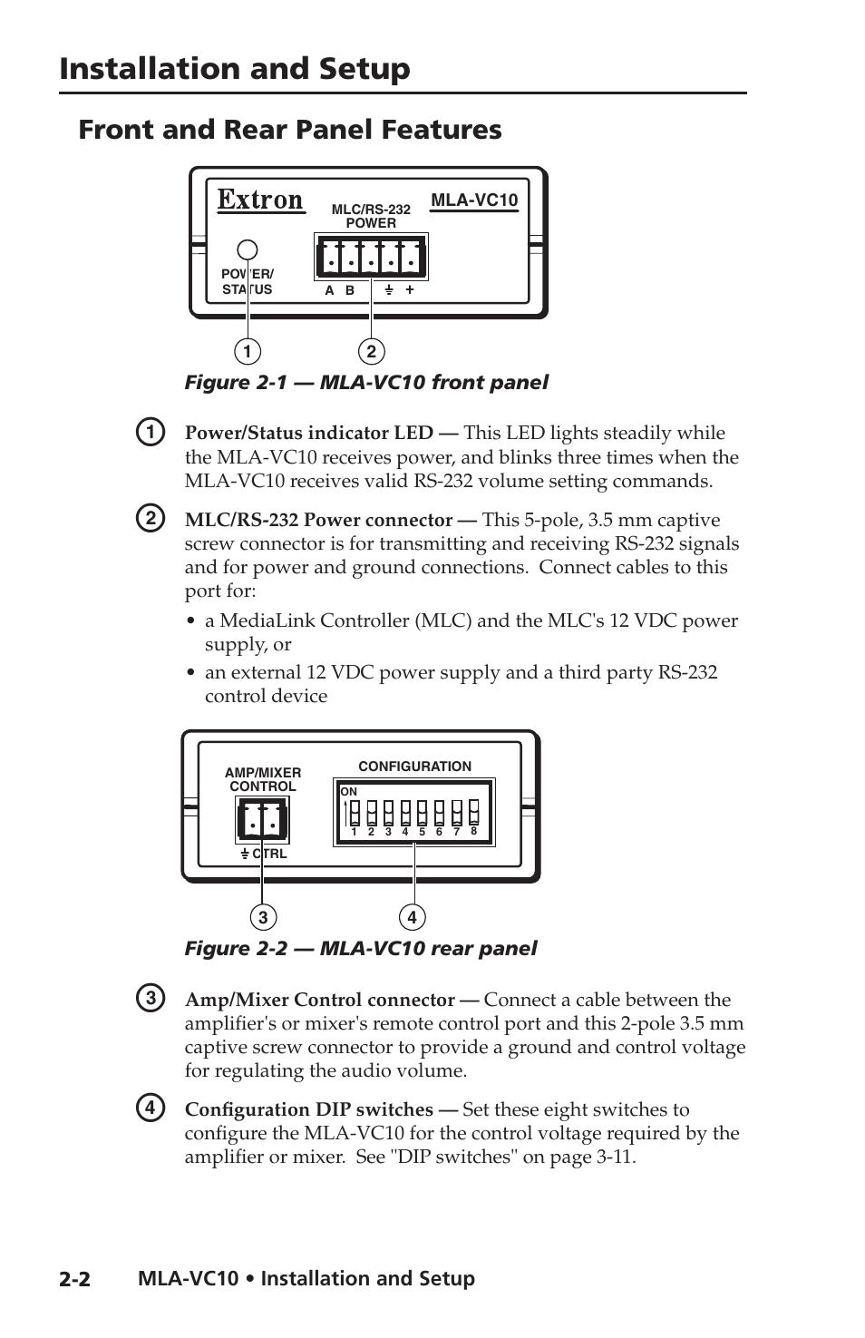 Front and rear panel features, Installation and setup | Extron Electronics MLA-VC10 User Manual | Page 14 / 52