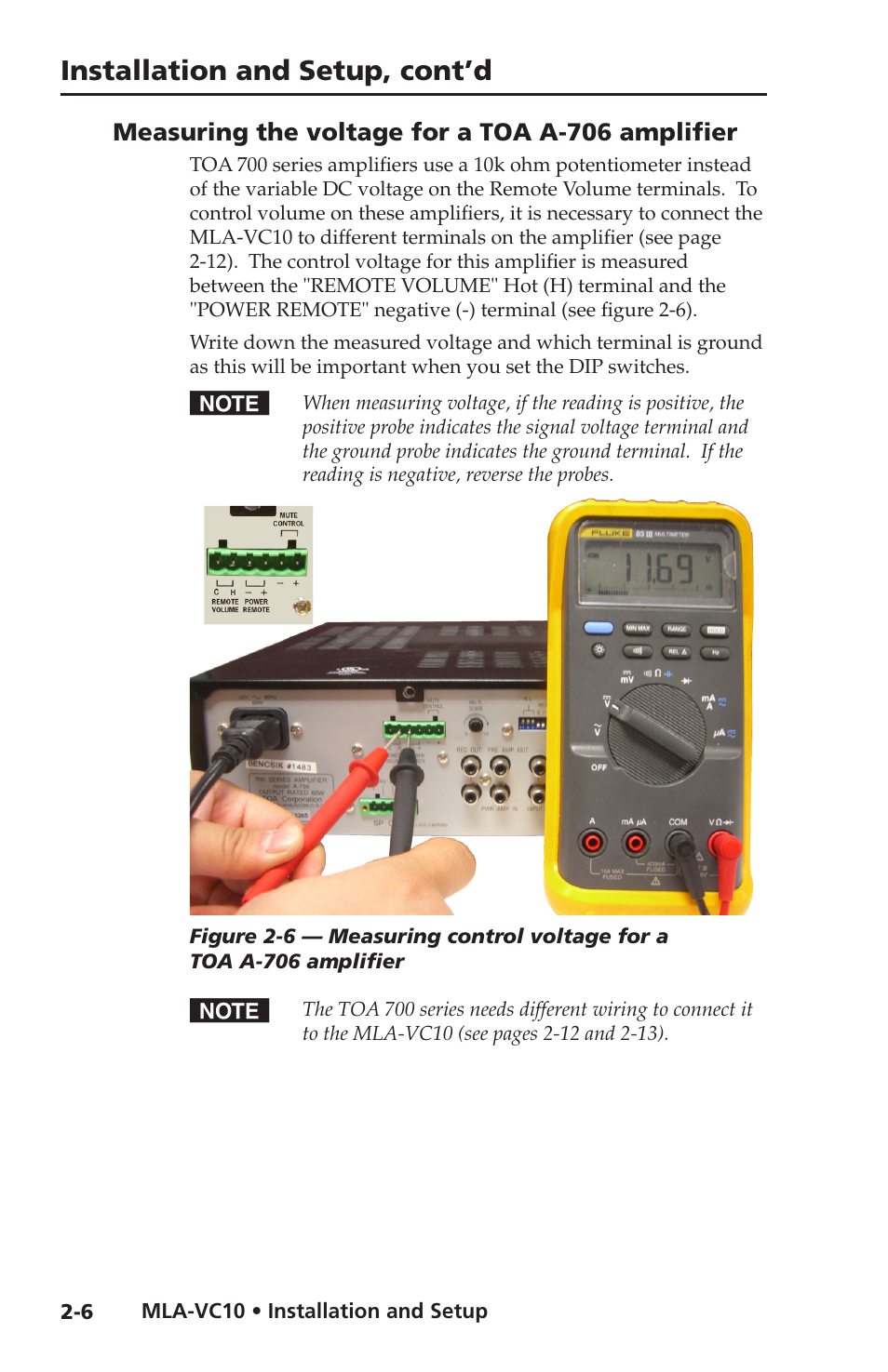 Measuring the voltage for a toa a-706 amplifier, Measuring the voltage for a toa a-706 amplifier -6, Installation and setup, cont’d | Extron Electronics MLA-VC10 User Manual | Page 18 / 52