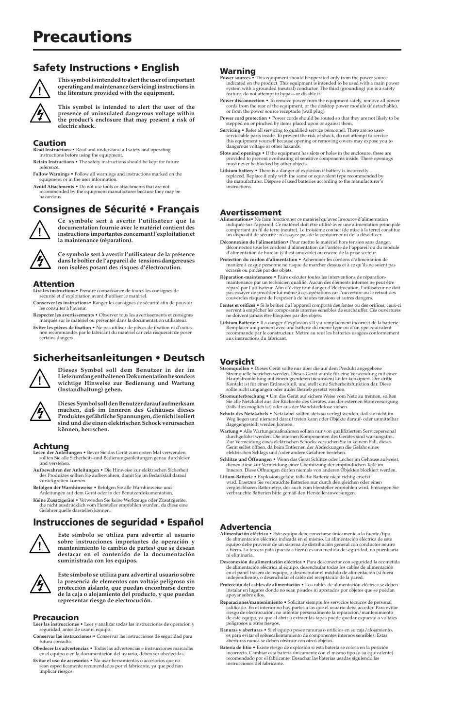 Precautions, Instrucciones de seguridad • español, Caution | Warning, Attention, Avertissement, Achtung, Vorsicht, Precaucion, Advertencia | Extron Electronics MLA-VC10 User Manual | Page 2 / 52
