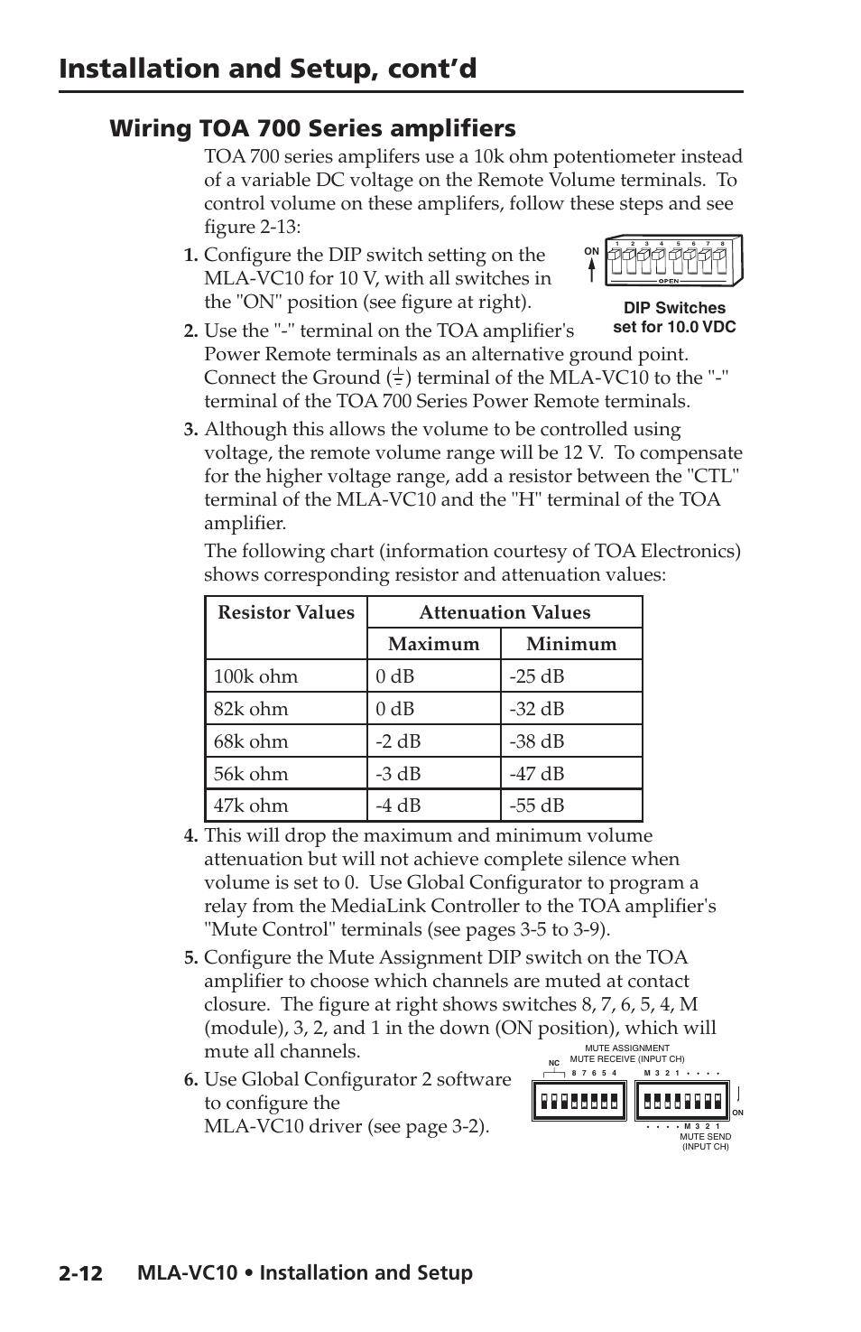 Wiring toa 700 series amplifiers, Wiring toa 700 series amplifiers -12, 12) and | Installation and setup, cont’d, Mla-vc10 • installation and setup | Extron Electronics MLA-VC10 User Manual | Page 24 / 52