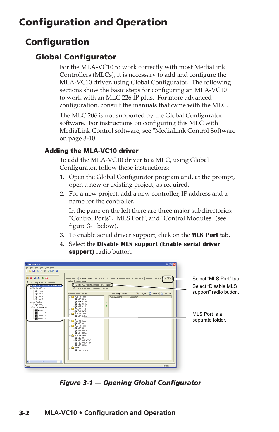 Configuration, Global configurator, Adding the mla-vc10 driver | Global configurator -2, Adding the mla-vc10 driver -2, Use global configurator 2 software, To configure the, Configuration and operation | Extron Electronics MLA-VC10 User Manual | Page 30 / 52